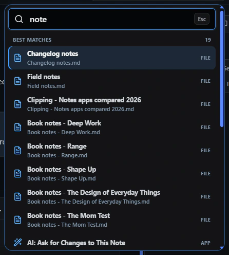 The command palette, filtered by the word note